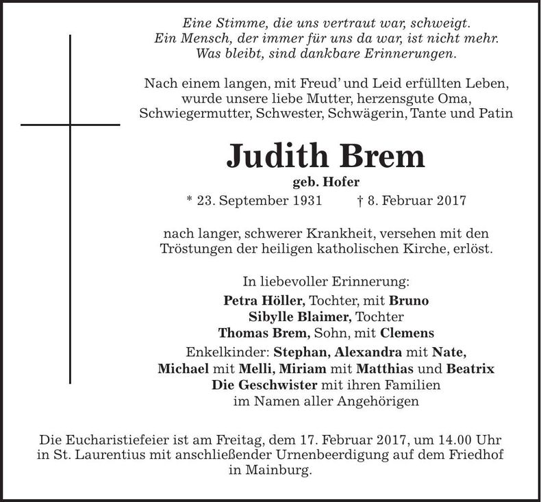 Traueranzeige Judith Brem