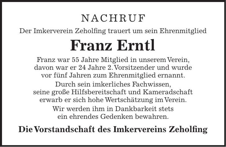 Traueranzeige Franz Erntl