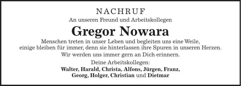 Traueranzeige Gregor Nowara