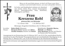 Traueranzeige Kreszenz Robl