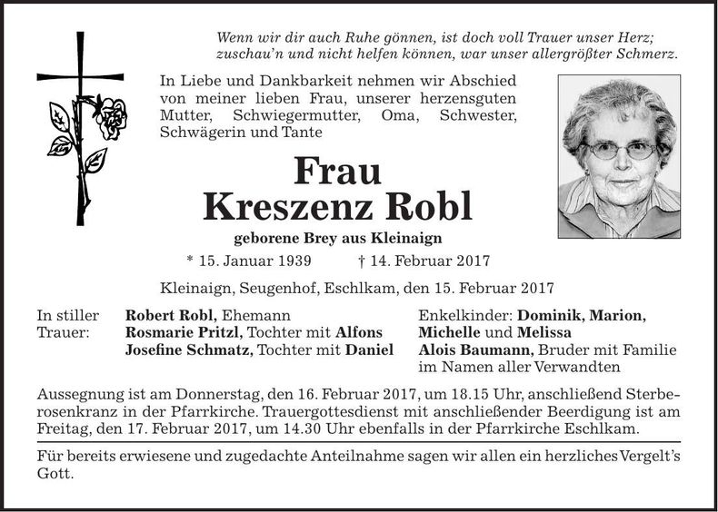 Traueranzeige Kreszenz Robl