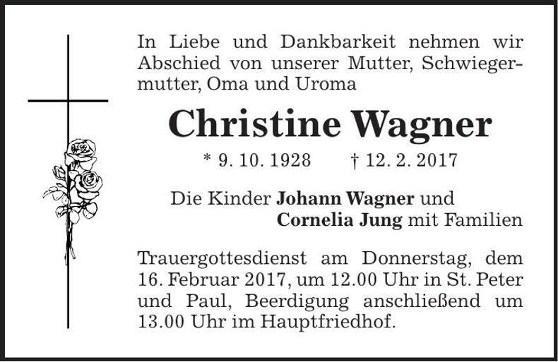 Traueranzeige Christine Wagner