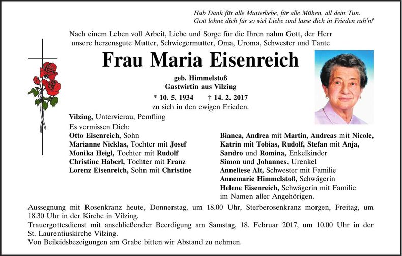 Traueranzeige Maria Eisenreich