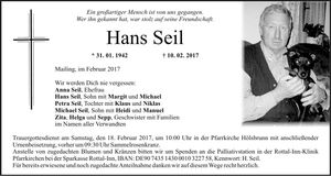 Traueranzeige Hans Seil