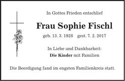 Traueranzeige Sophie Fischl