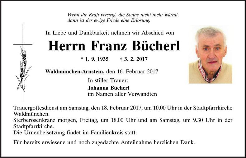 Traueranzeige Franz Bücherl