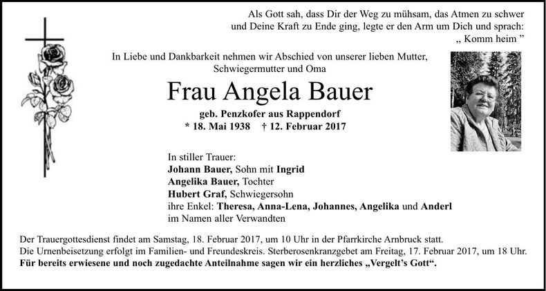 Traueranzeige Bauer Angela