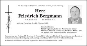 Traueranzeige Friedrich Bergmann