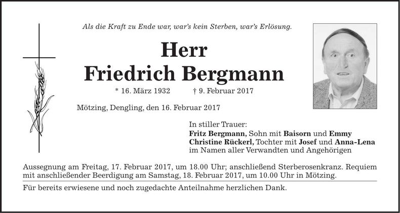 Traueranzeige Friedrich Bergmann