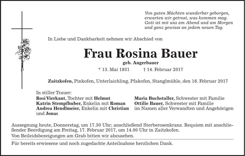 Traueranzeige Rosina Bauer