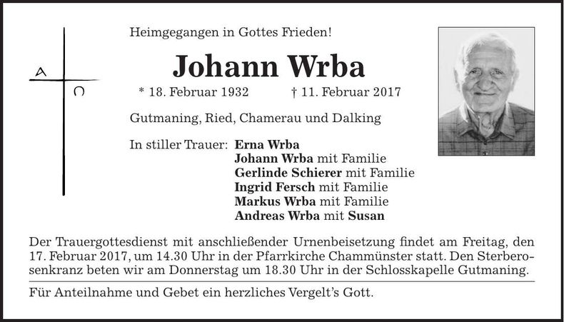 Traueranzeige Johann Wrba