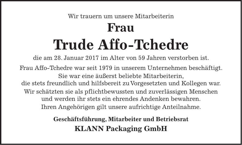 Traueranzeige Trude Affo-Tchedre
