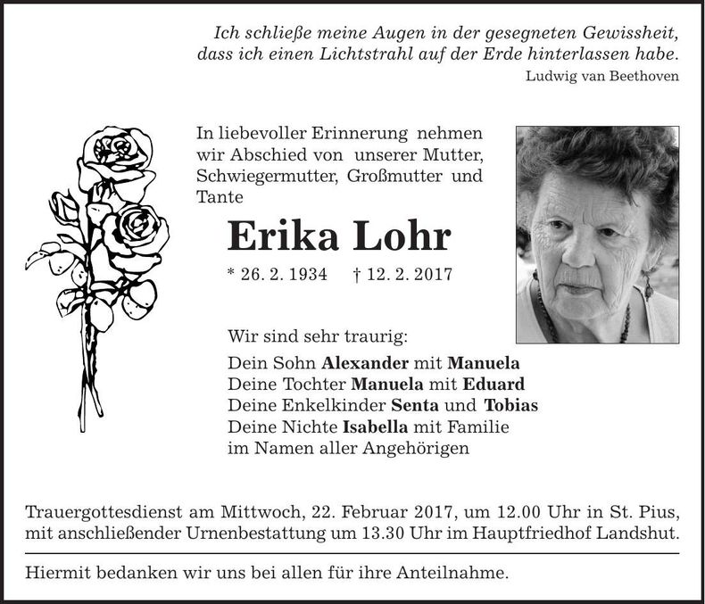 Traueranzeige Erika Lohr
