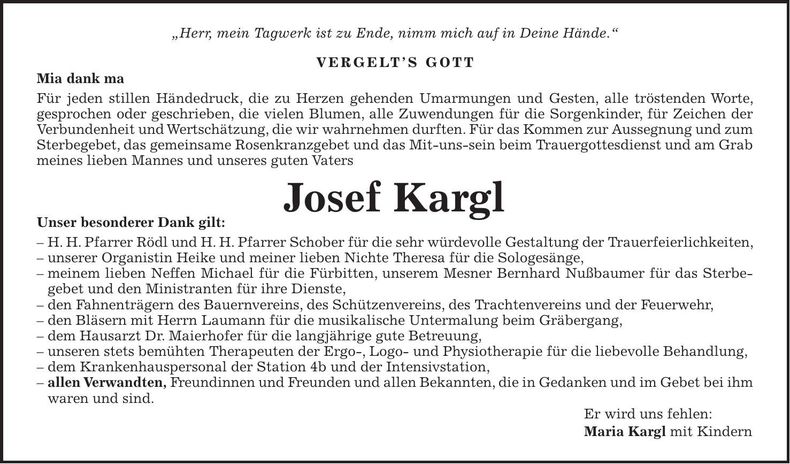 Traueranzeige Josef Kargl