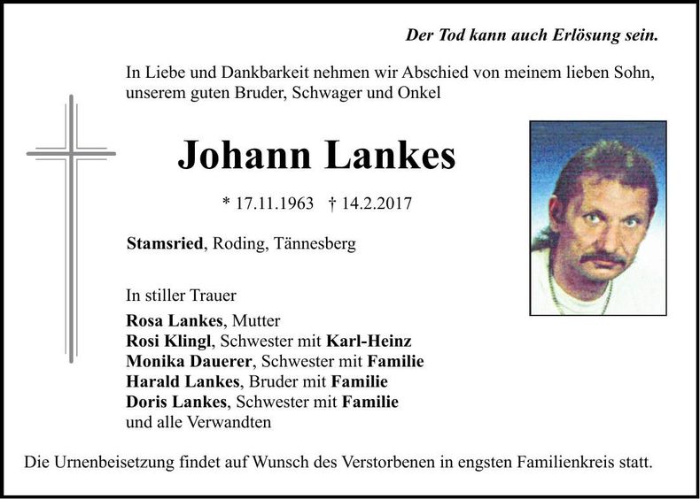 Traueranzeige Johann Lankes