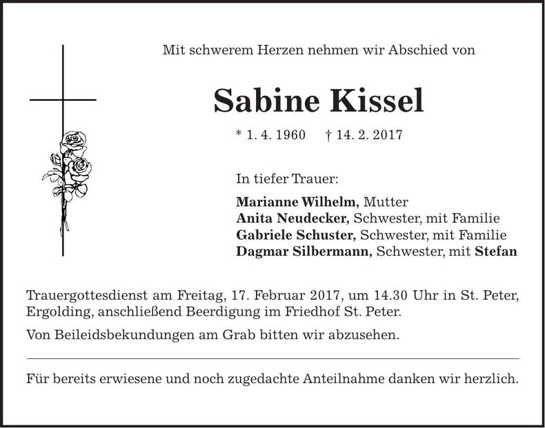 Traueranzeige Sabine Kissel