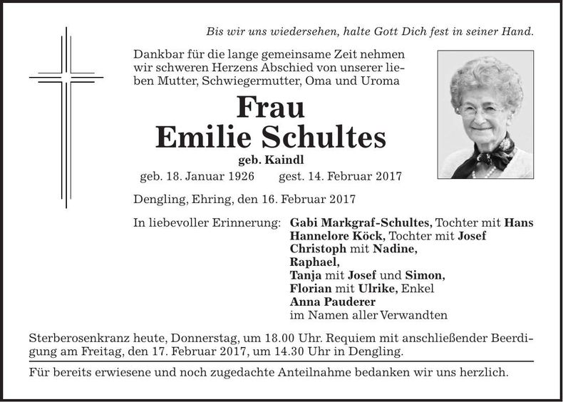 Traueranzeige Emilie Schultes