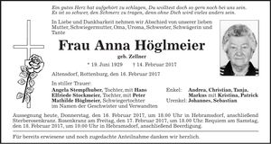 Traueranzeige Anna Höglmeier