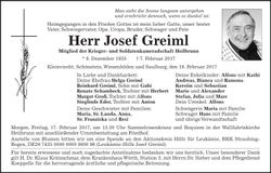 Traueranzeige Reinhold Greiml