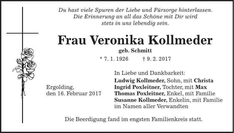 Traueranzeige Veronika Kollmeder