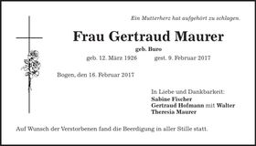 Traueranzeige Gertraud Maurer
