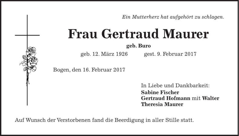 Traueranzeige Gertraud Maurer