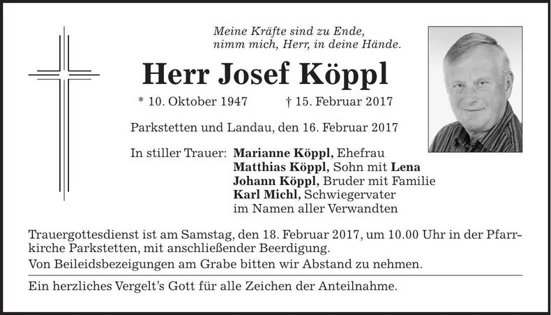 Traueranzeige Josef Köppl