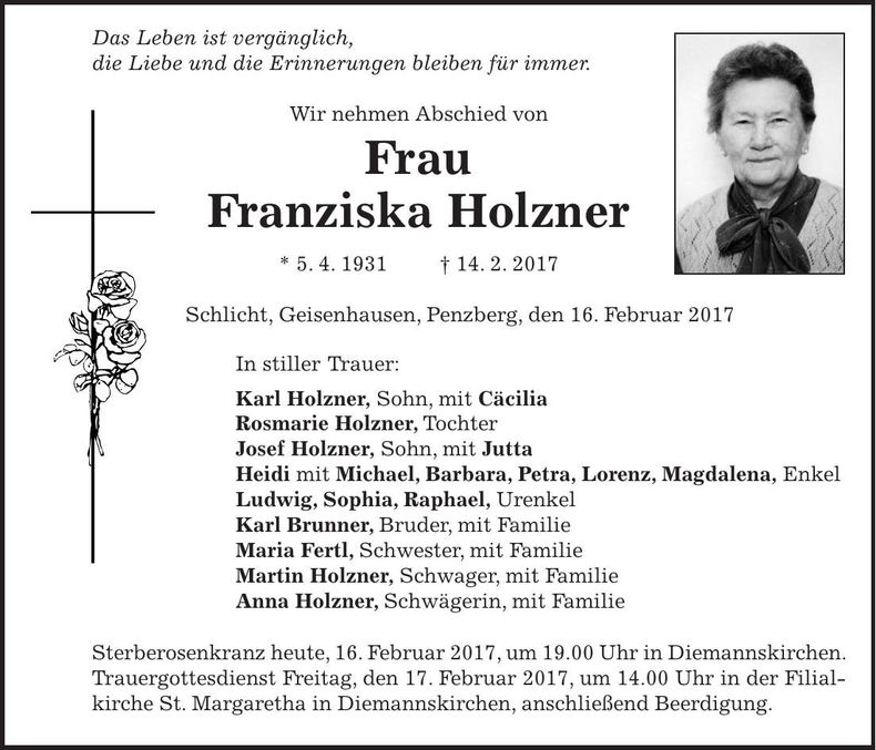 Traueranzeige Franziska Holzner