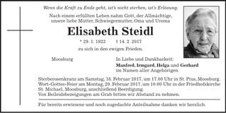 Traueranzeige Scheidl Elisabeth