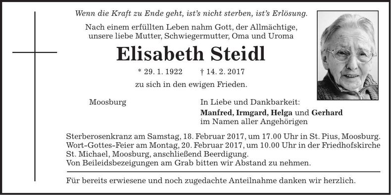 Traueranzeige Scheidl Elisabeth