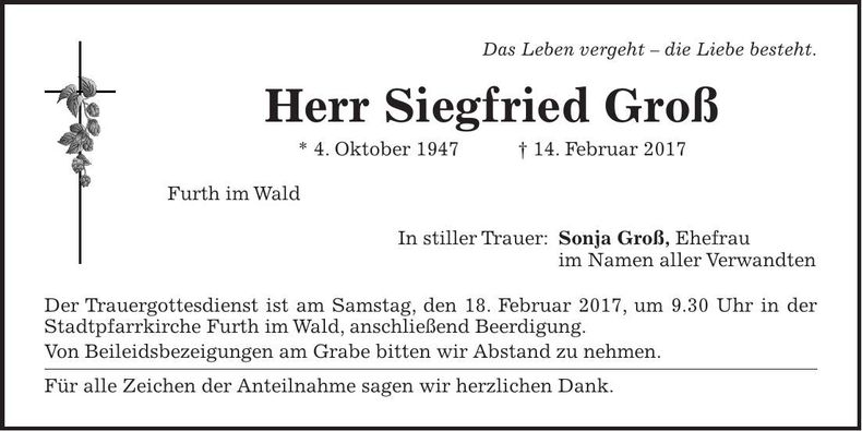 Traueranzeige Siegfried Groß