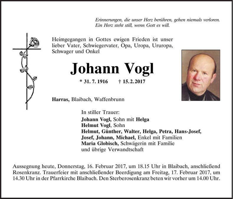 Traueranzeige Johann Vogl