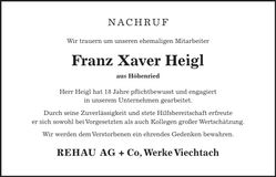 Traueranzeige Franz Xaver Heigl