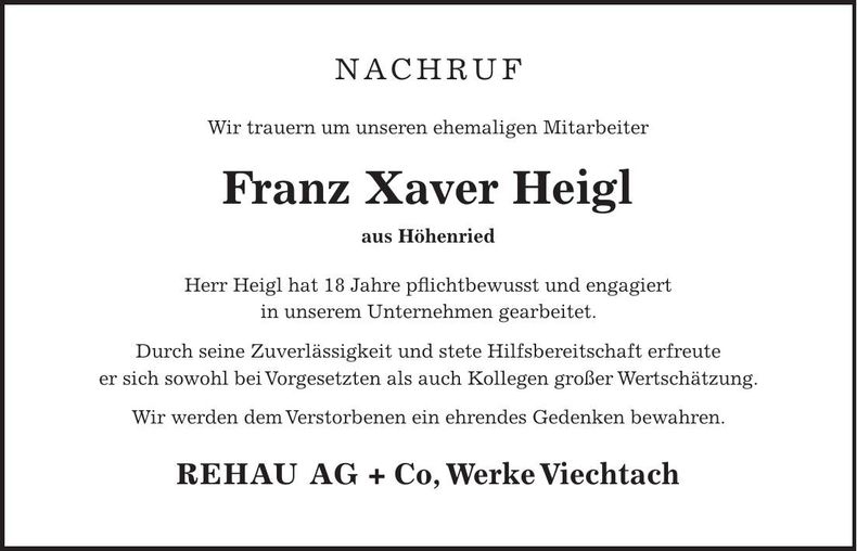 Traueranzeige Franz Xaver Heigl