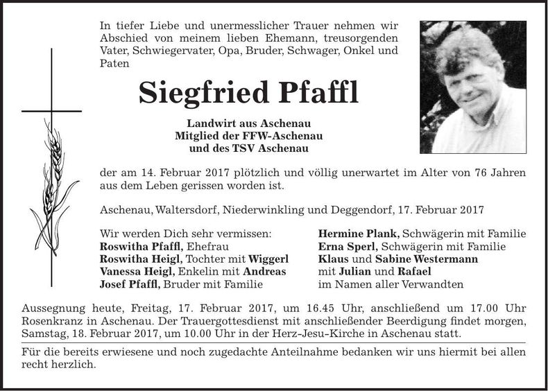 Traueranzeige Siegfried Pfaffl