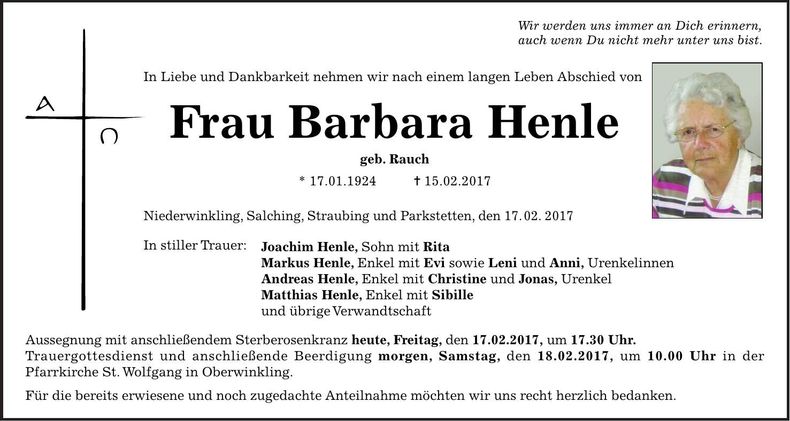 Traueranzeige Barbara Henle