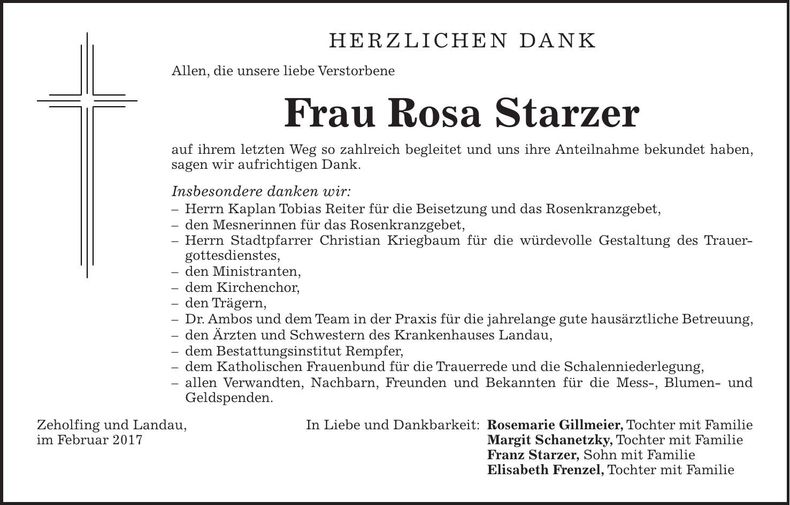 Traueranzeige Rosa Starzer