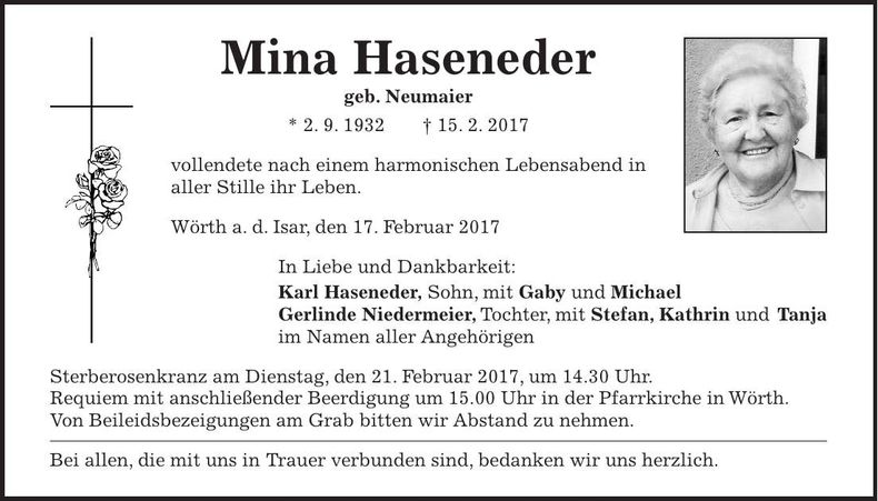 Traueranzeige Mina Haseneder