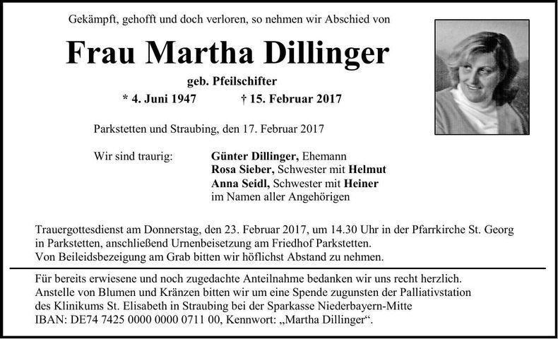 Traueranzeige Martha Dillinger