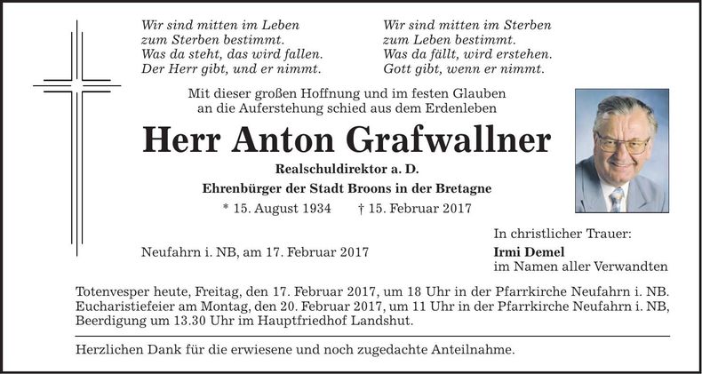 Traueranzeige Anton Grafwallner