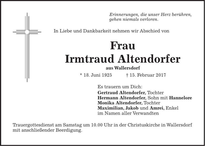 Traueranzeige Irmtraud Altendorfer