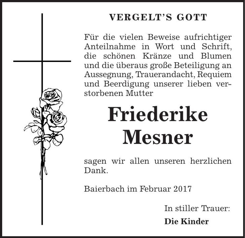 Traueranzeige Friederike Mesner