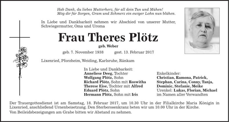 Traueranzeige Theres Plötz