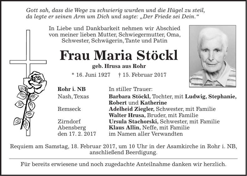 Traueranzeige Maria Stöckl