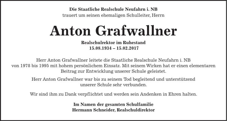 Traueranzeige Anton Grafwallner