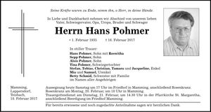 Traueranzeige Hans Pohmer