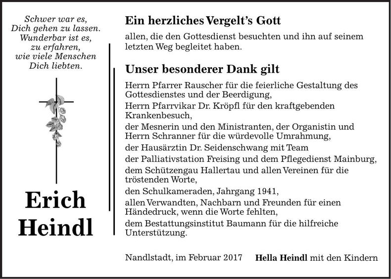 Traueranzeige Erich Heindl
