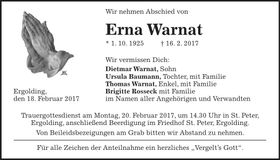 Traueranzeige Erna Warnat