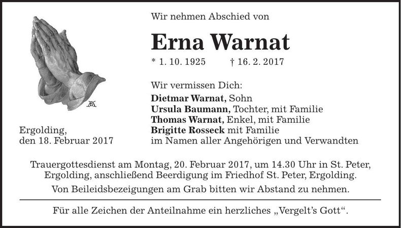 Traueranzeige Erna Warnat