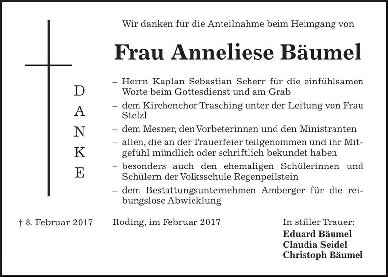 Traueranzeige Anneliese Bäumel